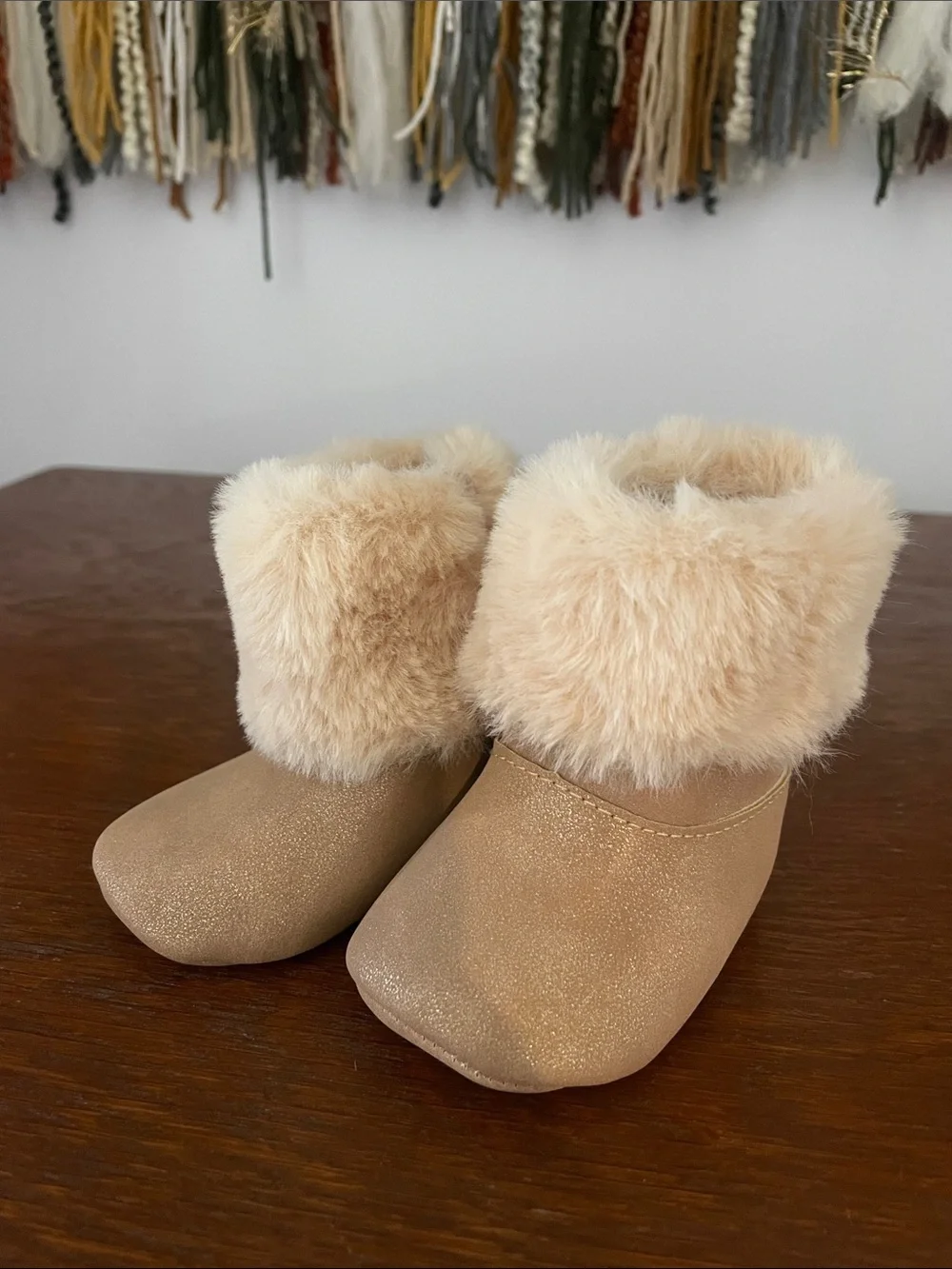 Faux Fur Trim Baby Booties - Beige Sparkle Laura Ashley size 1